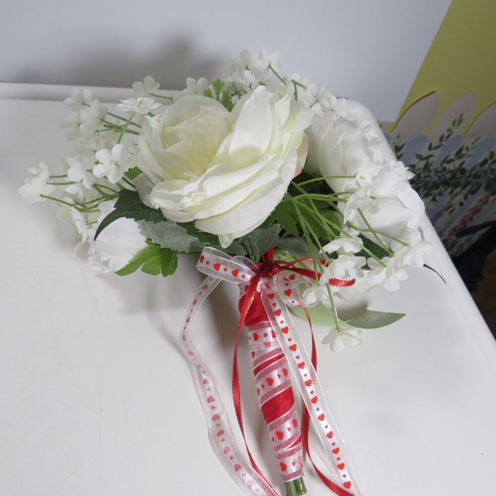 White Cabbage Roses & Verbena Hand held bouquet with heart ribbons Valentines